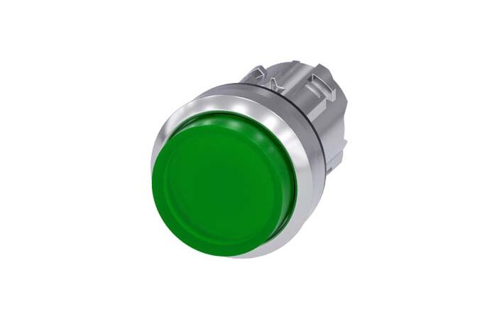 SIEMENS Tlačítko, osvětlené, 22 mm, kulaté, kov, s vysokým leskem, zelené, knoflík stiskací