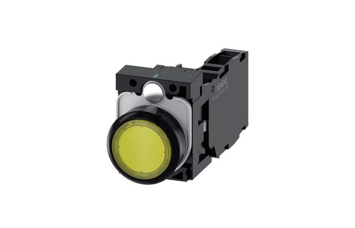 SIEMENS Tlačítko, osvětlené, 22 mm, kulaté, plast, žlutá, 1 NO + 1 NC, AC/DC 24V