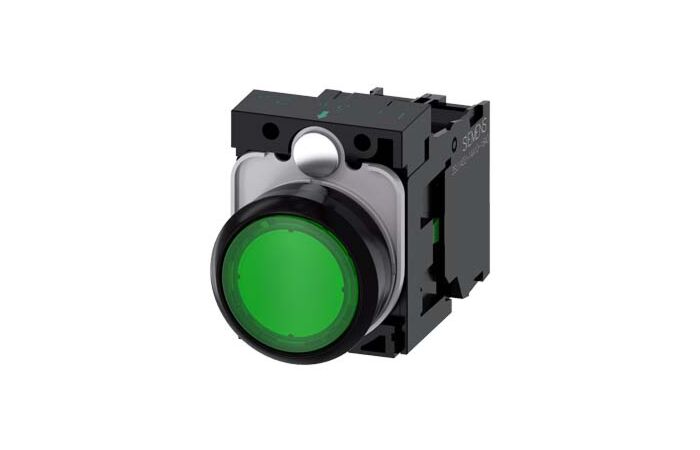 SIEMENS Tlačítko, osvětlené, 22 mm, kulaté, plast, zelená, 1 NO, AC110V