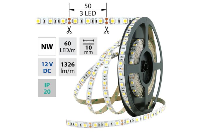 MCLED Pásek LED SMD5050 NW, 60LED/m, 14,4W/m, 1296lm/m, IP20, DC 12V, 10mm, 50m