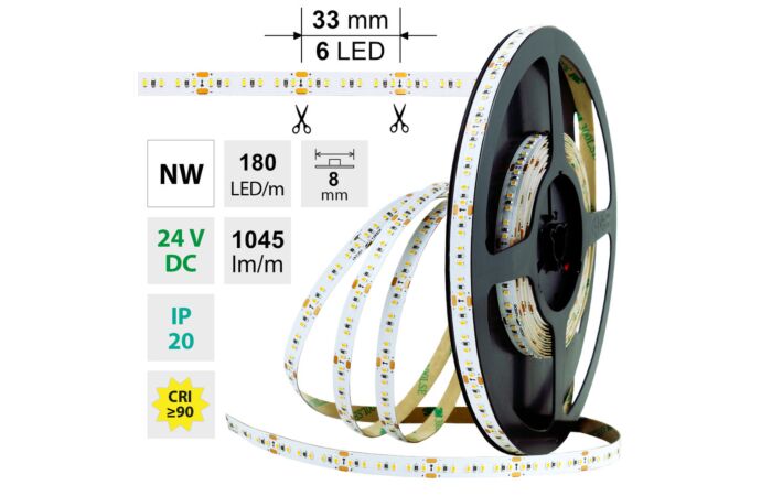 MCLED Pásek LED SMD2216 NW, 180LED/m, 12W/m, DC 24V, 1045lm/m, CRI90, IP20, 8mm, 30m