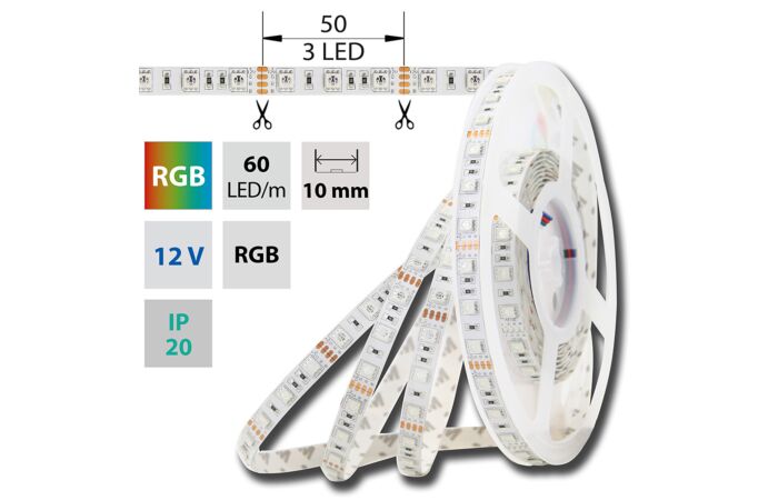 MCLED Pásek LED SMD5050 RGB, 60LED/m, 14,4W/m, DC12V, 560lm/m, IP20, 10mm, 50m