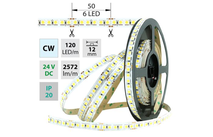 MCLED Pásek LED SMD5050 CW, 120LED/m, 28,8W/m, 2572lm/m, IP20, DC 24V, 12mm, 5m