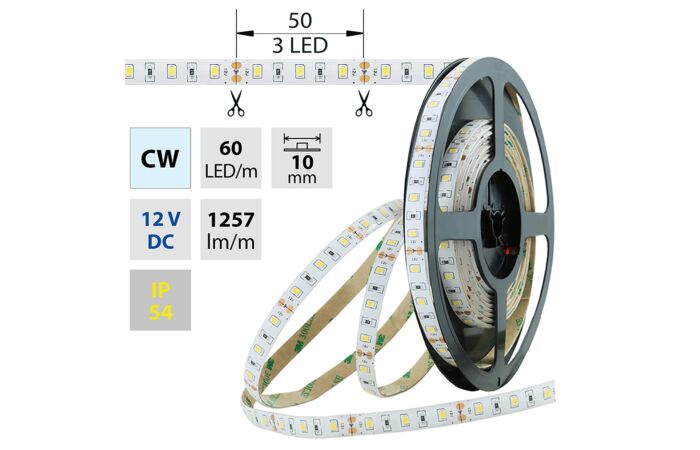 MCLED Pásek LED SMD2835 CW, 60LED/m, 14,4W/m, 1257lm/m, IP54, DC 12V, 10mm, 5m