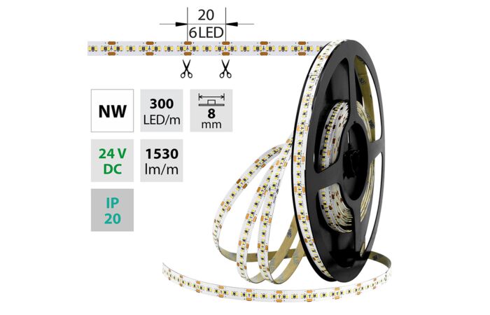 MCLED Pásek LED SMD2216 NW, 300LED/m, 18W/m, 1530lm/m, IP20, DC 24V, 8mm, 5m