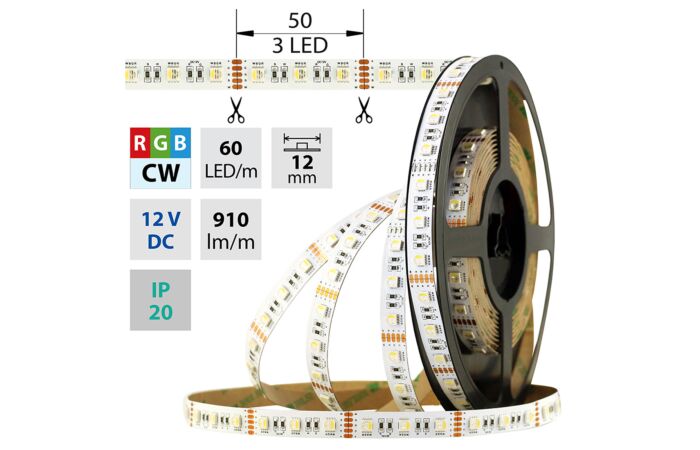 MCLED Pásek LED SMD5050 RGB + CW, 60LED/m, 19,2W/m, 910lm/m, IP20, DC 12V, 12mm, 5m