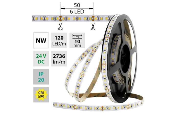 MCLED Pásek LED SMD2835 NW, 120LED/m, 28,8W/m, DC 24V, 2736lm/m, CRI90, IP20, 10mm, 50m