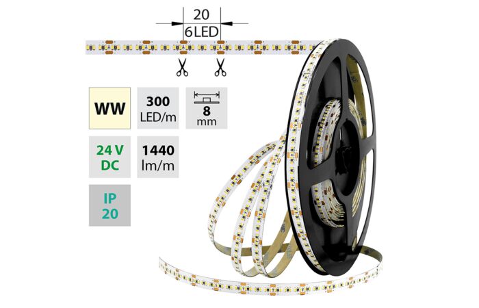 MCLED Pásek LED SMD2216 WW, 300LED/m, 18W/m, 1440lm/m, IP20, DC 24V, 8mm, 5m