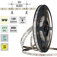 MCLED Pásek LED SMD2835 WW, 120LED/m, 9,6W/m, DC 24V, 800lm/m, CRI90, IP20, 8mm, 50m